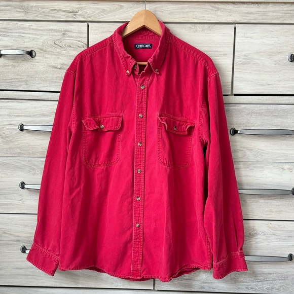 Cherokee heavy cotton gorgeous red distressed button down shirt women’s size M - Picture 1 of 7
